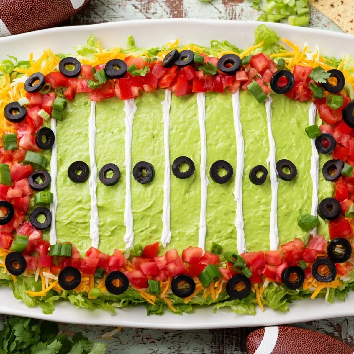 This Football Field Dip Platter is a festive game day favorite with tortilla chips ready for dipping.