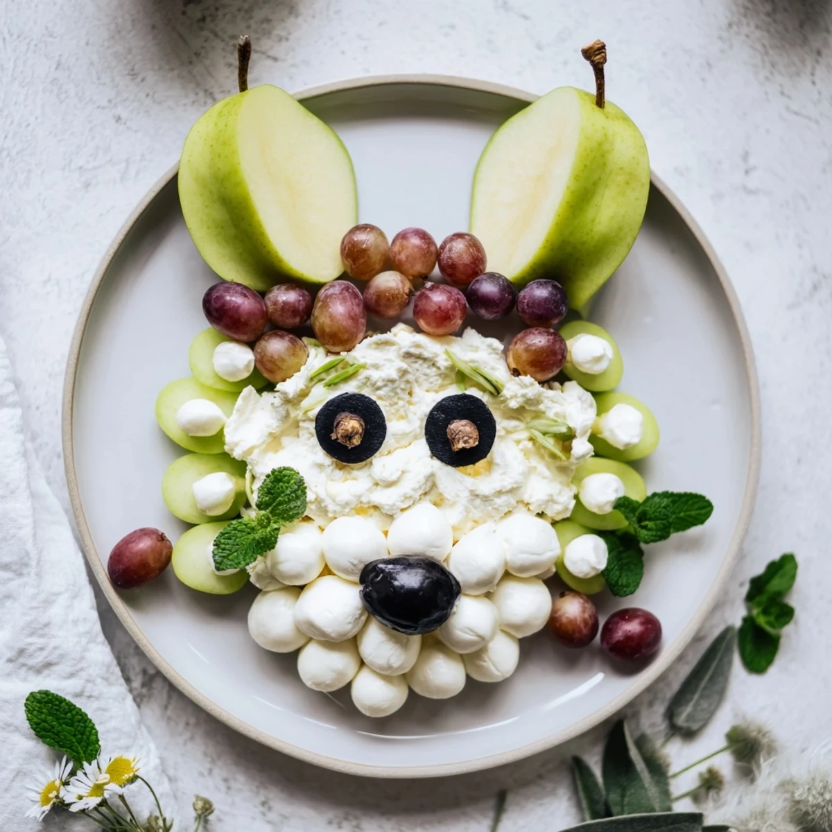 This festive Lamb Face Fruit and Cheese Platter features a pear "face" and fresh fruit.