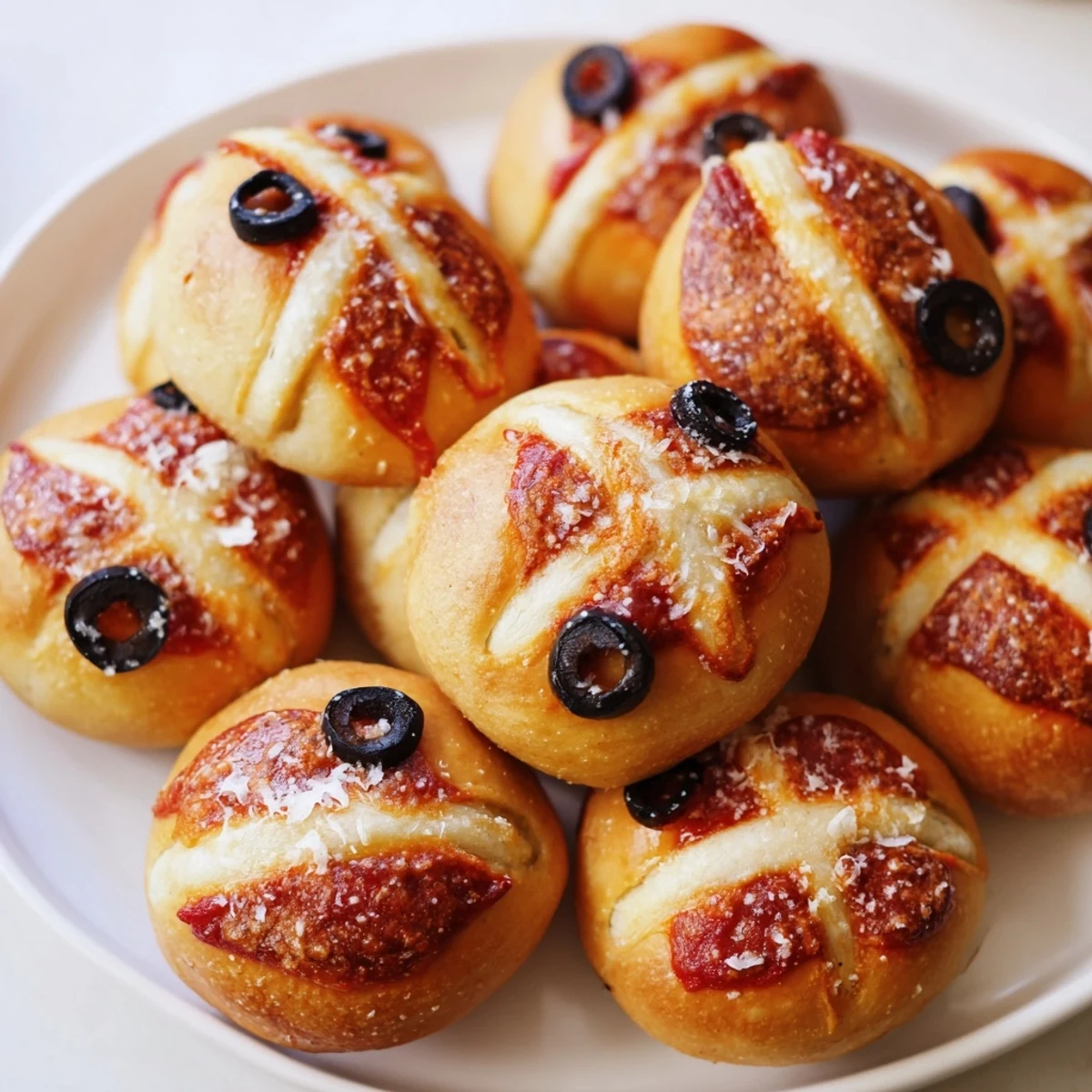 Mini Basketball Pizza Bites, ready to eat, topped with black olive lines and bubbling cheese.