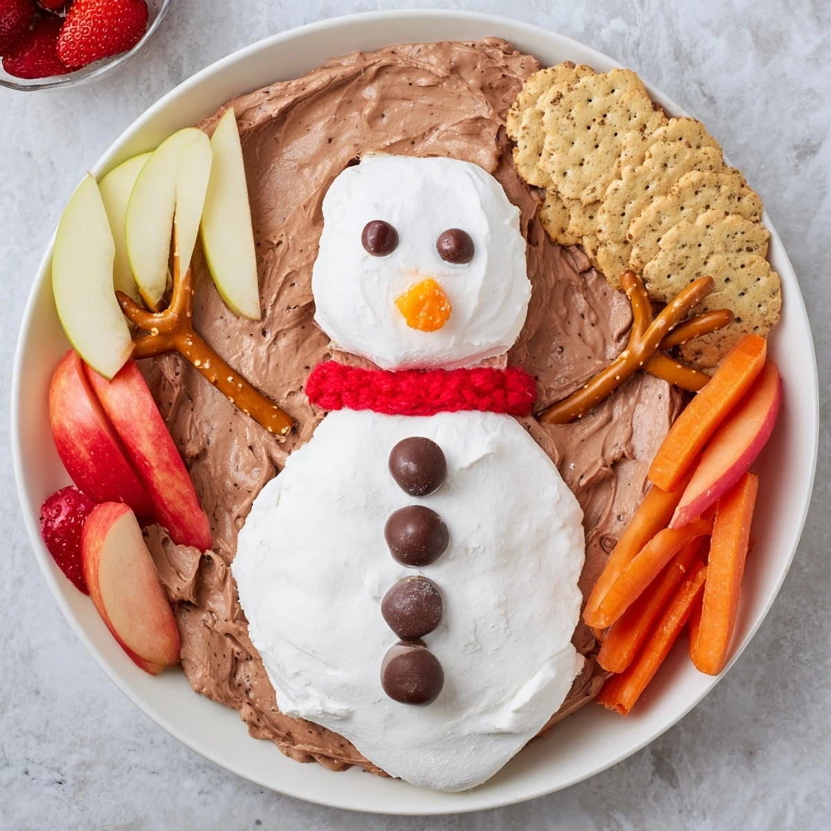 Creamy hot cocoa dip snowman with sweet chocolate chips and pretzel stick arms, perfect winter treat.