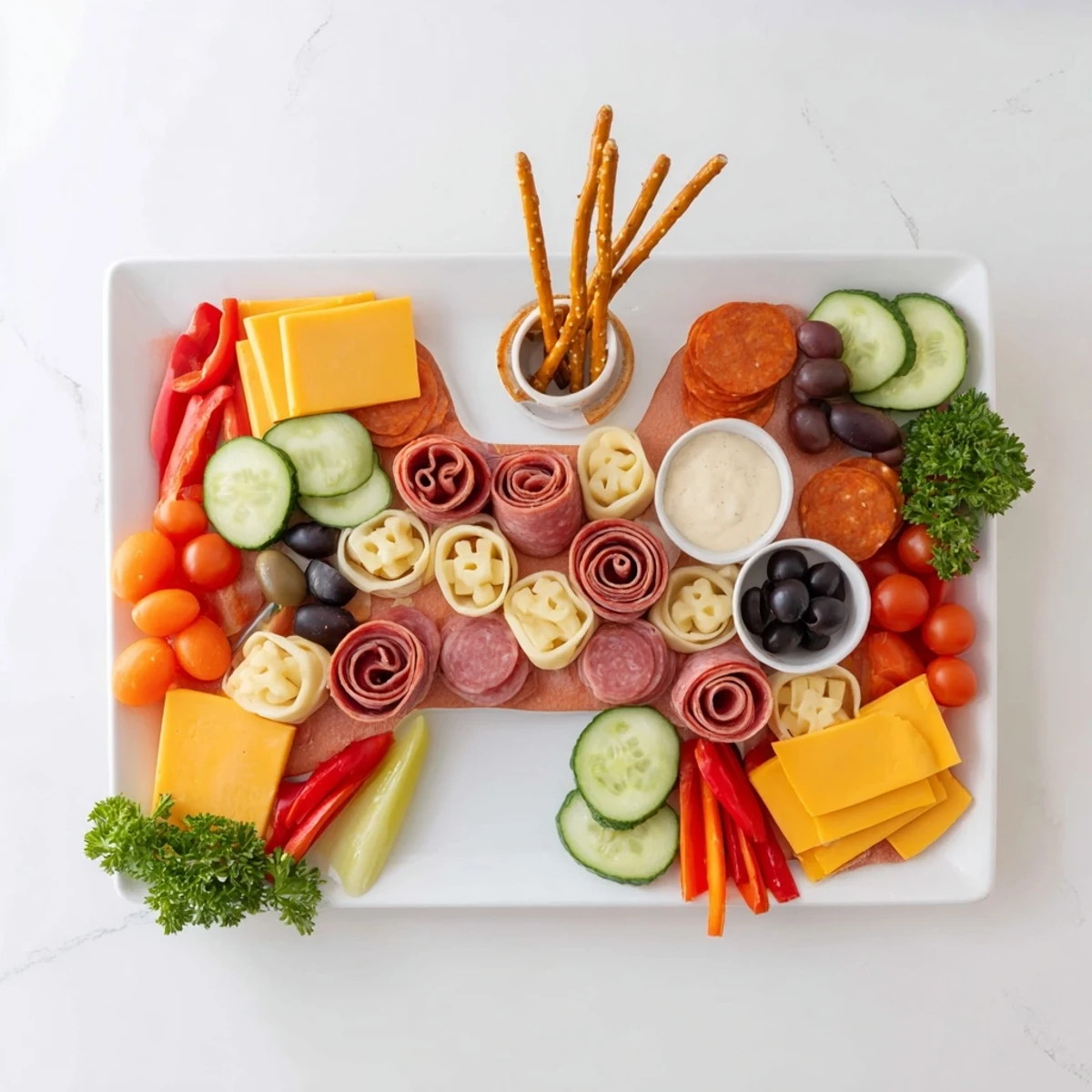 Game Night: Controller Shaped Snack Platter showing colorful cheeses, meats, and veggies arranged playfully.