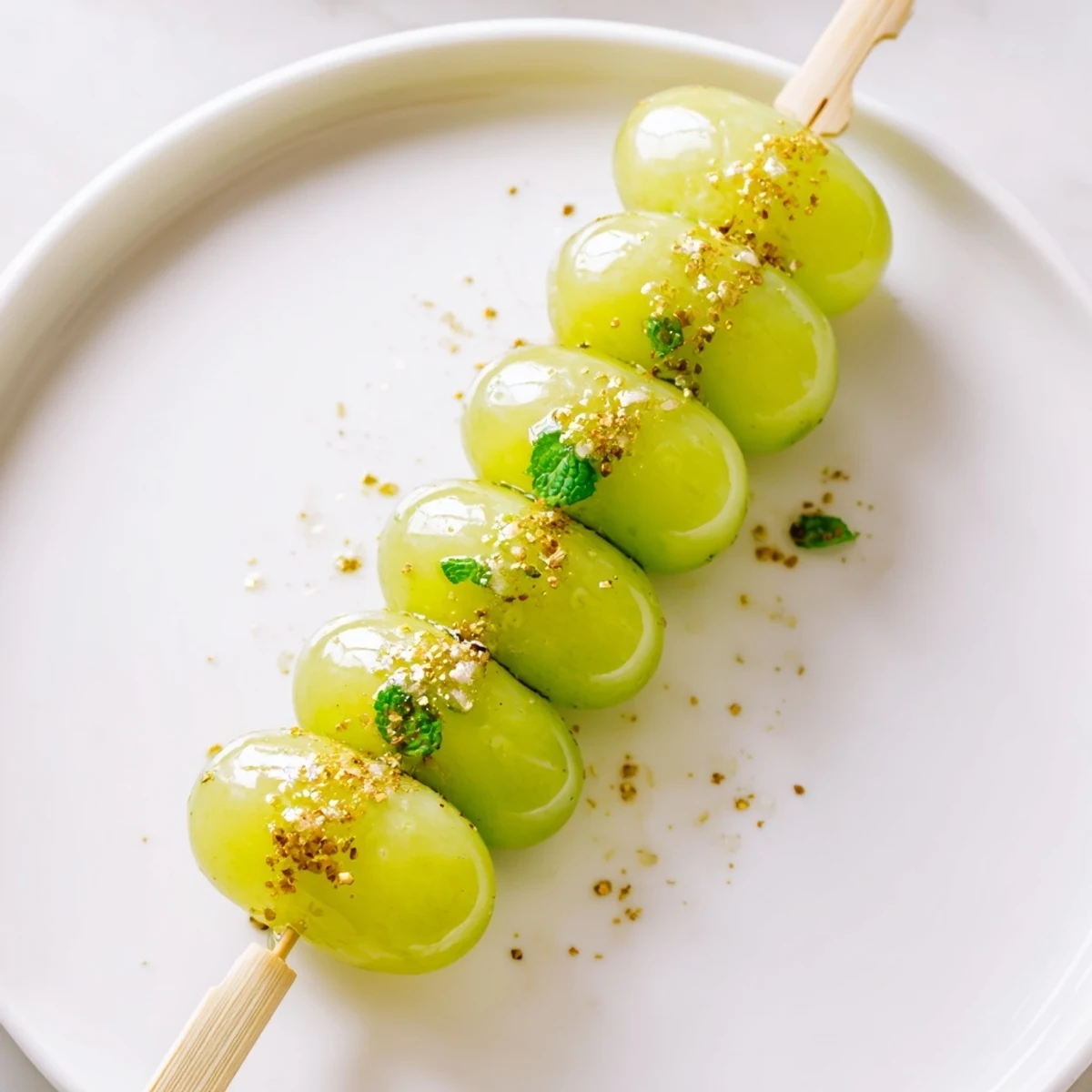 "Die lebendigen grünen Trauben für die Glücks-Countdown-Spieße warten auf Gäste, bereit für den Neujahrsempfang."