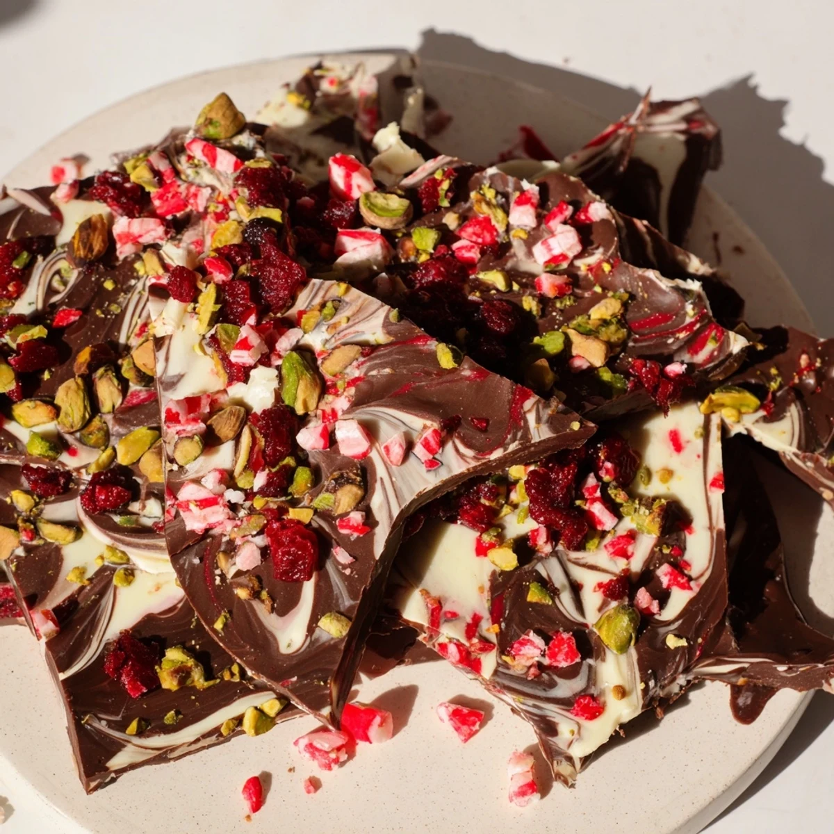 A vibrant display of holiday bark shards, studded with pistachios, peppermint, and cranberries.