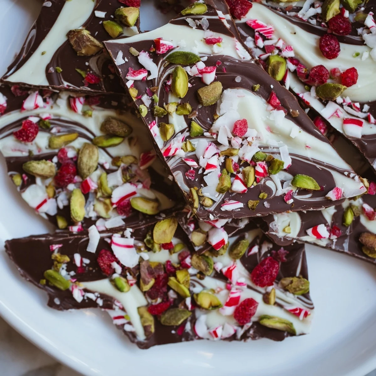 Close-up of the finished Holiday Bark, showcasing the colorful mix of toppings and chocolate swirls.