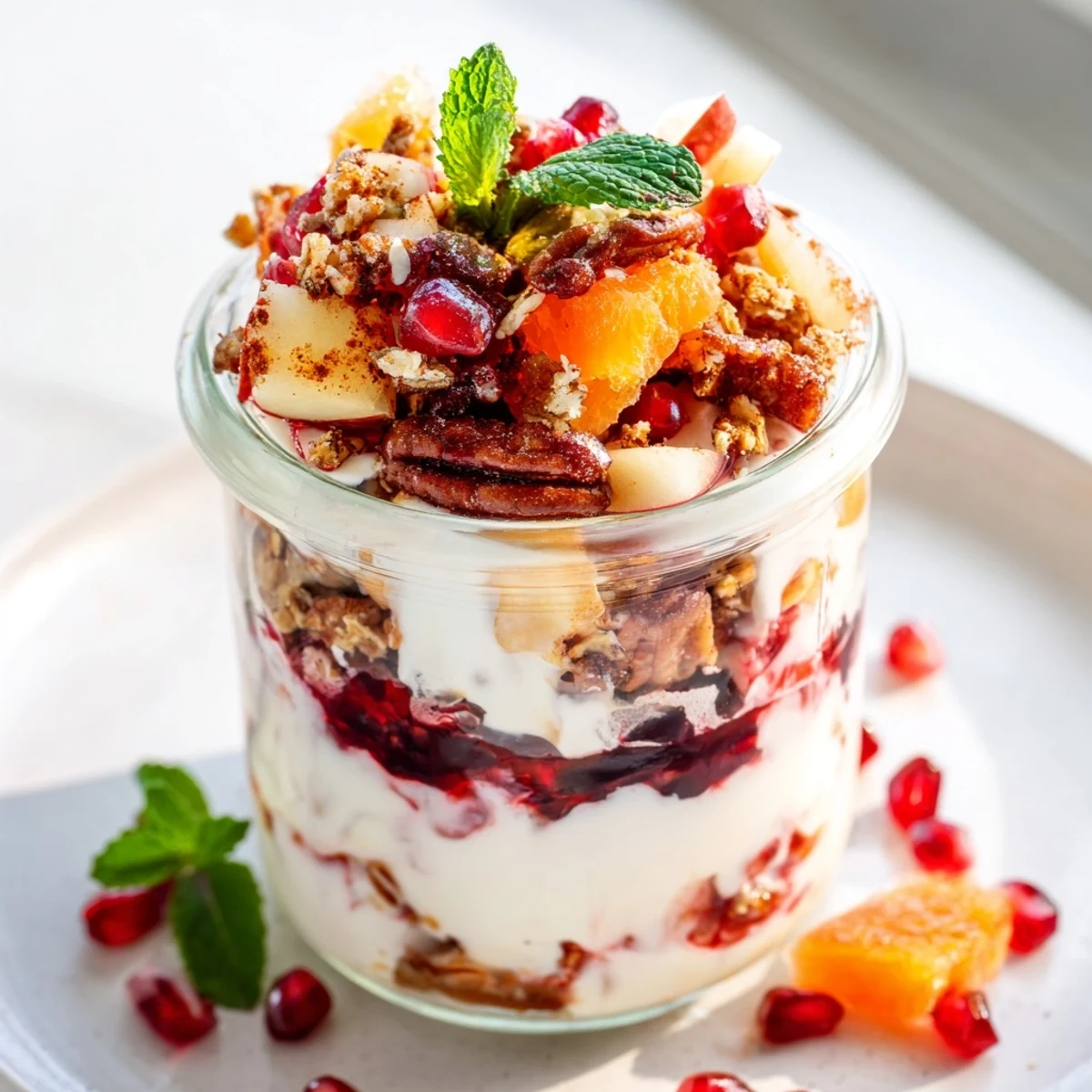 Creamy Christmas Pudding Yogurt Parfait Bar layers with fruit and crunchy toppings, a delightful holiday brunch.
