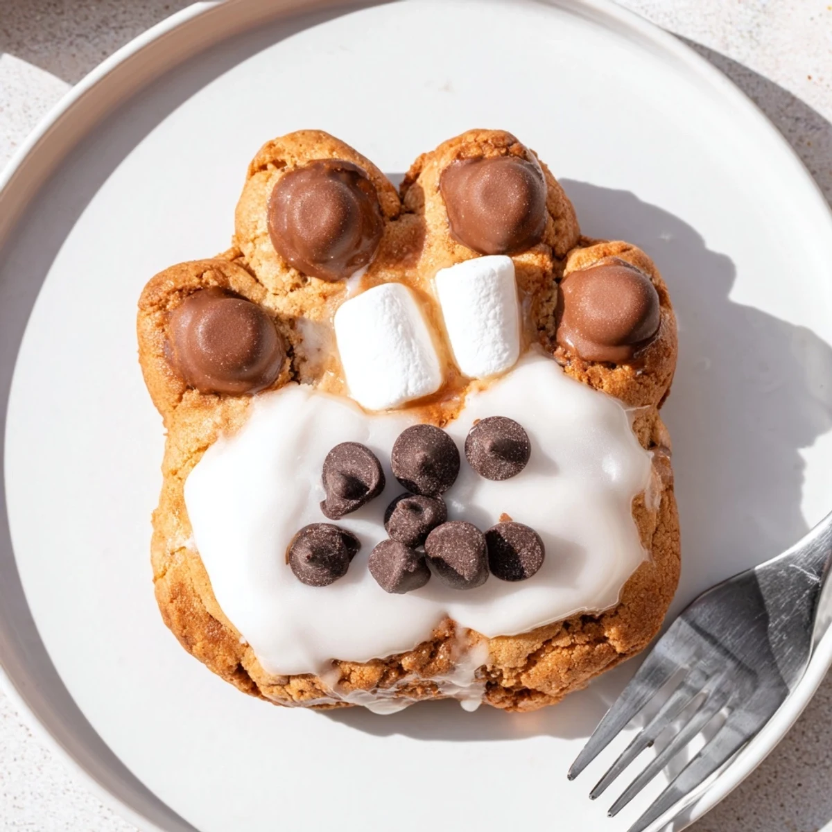 Melted white chocolate covers these Polar Bear Paw Print Cookies, ready for mini chocolate chip claws.