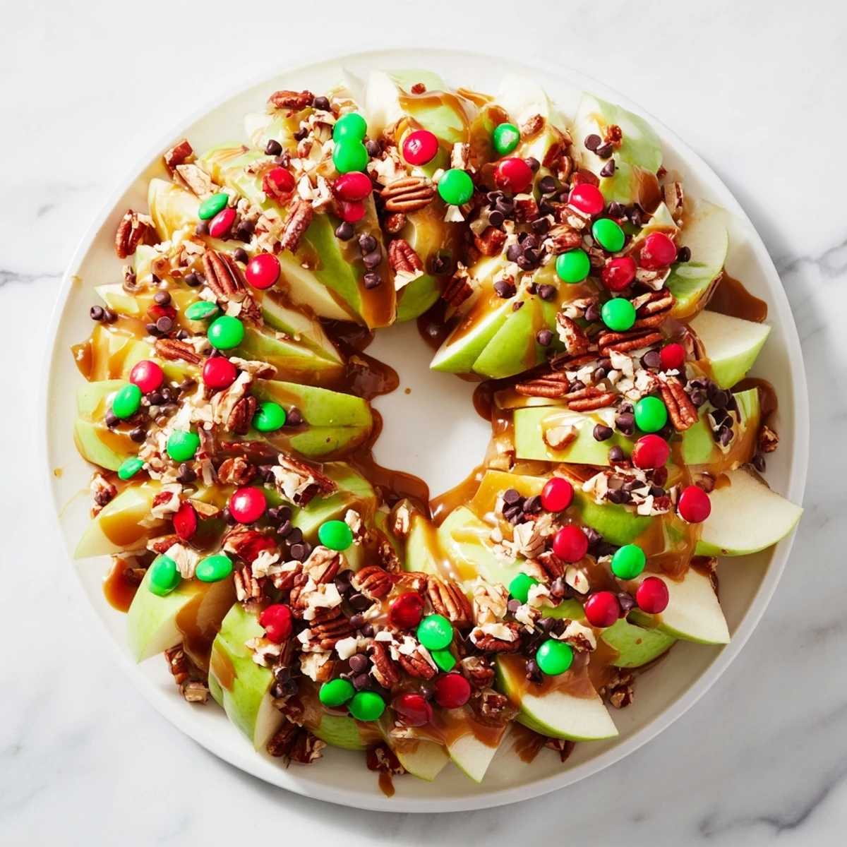 Gooey caramel drizzled Caramel Apple Slice Christmas Wreath, ready for a festive holiday treat.