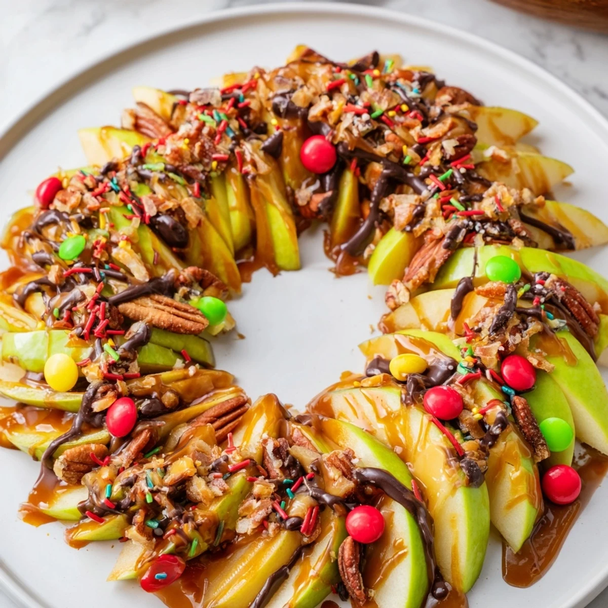 Bright red and green candies top this delicious Caramel Apple Slice Christmas Wreath, perfect for sharing.