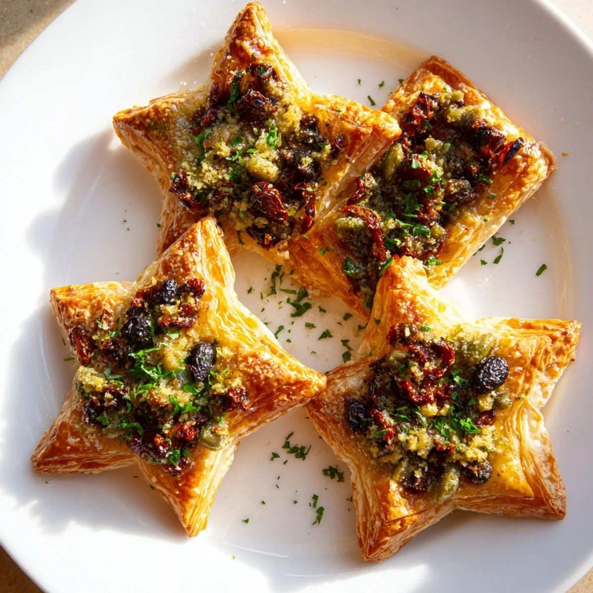 Golden, flaky Olive and Sundried Tomato Star Garland appetizer, bursting with Mediterranean flavors and ideal for sharing.