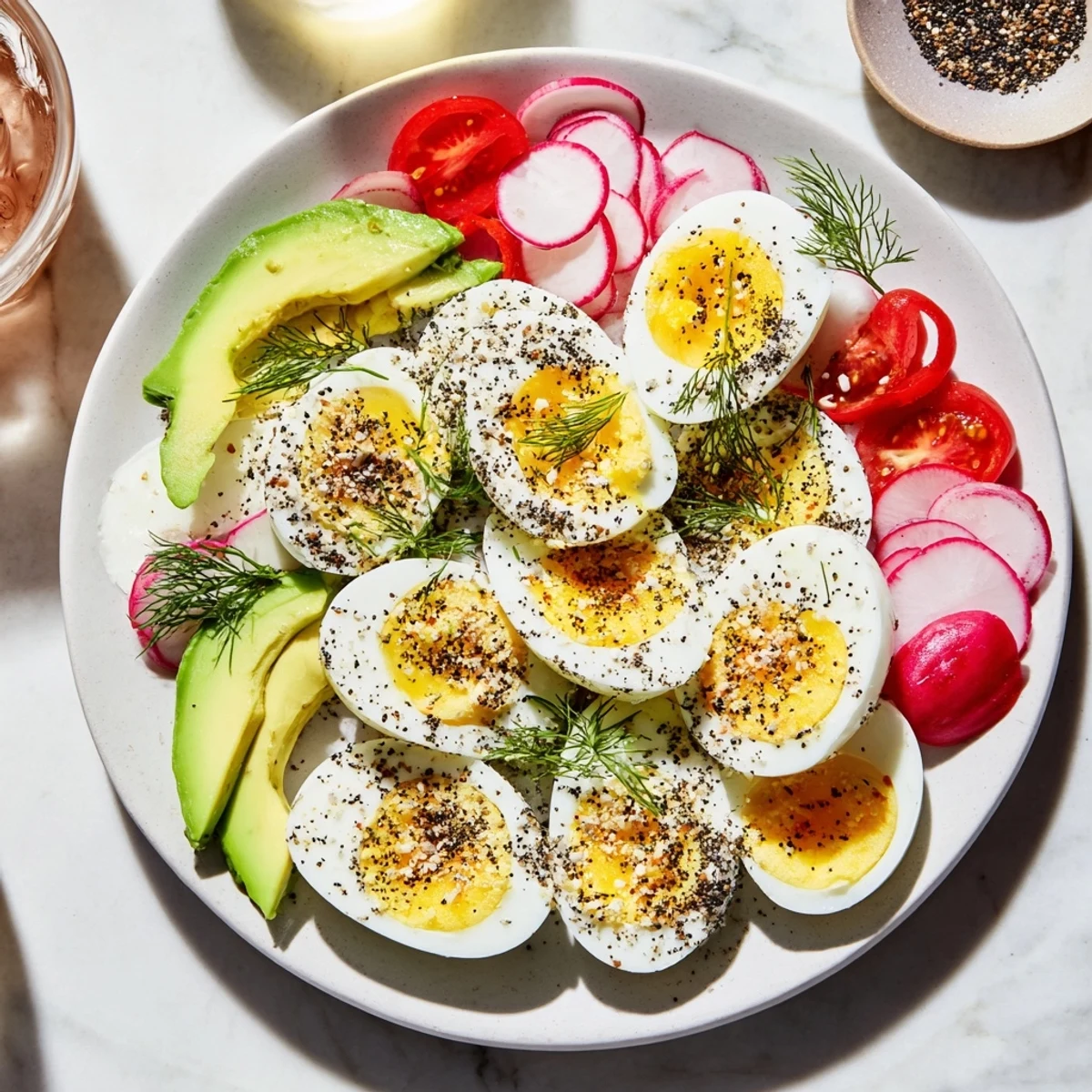 Sliced hard-boiled eggs from the brunch board, perfectly seasoned with everything bagel seasoning.