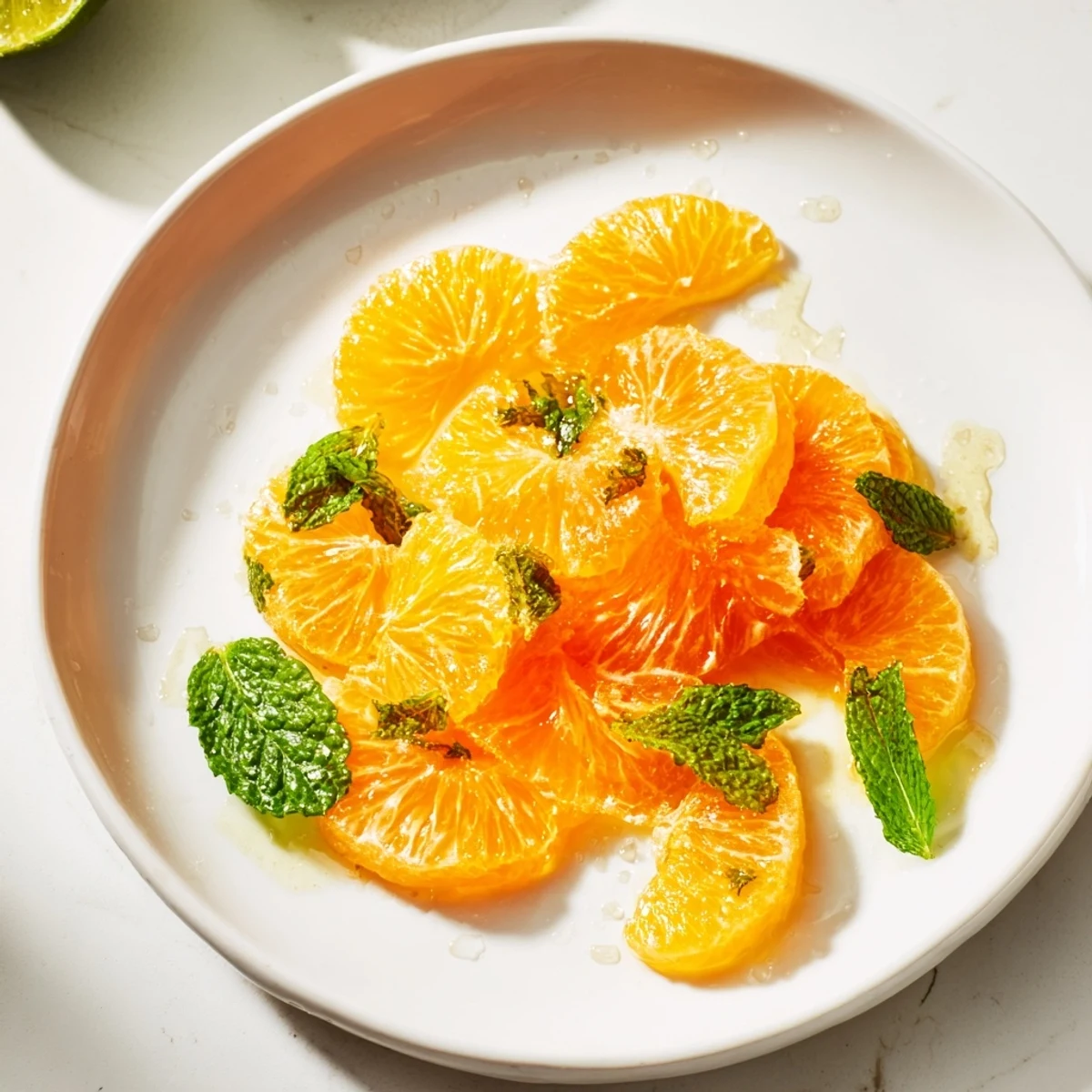 Nahaufnahme des erfrischenden Clementine und Minze Winter-Fruchtsalats, abgerundet mit einem Hauch von Minze.