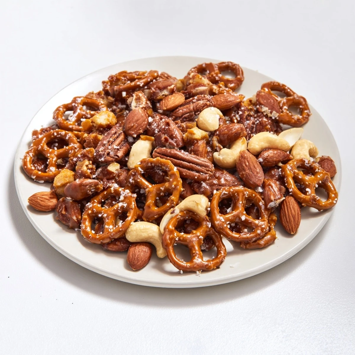 Golden pretzel and nut mix, coated in glistening salted caramel, ready to be enjoyed.