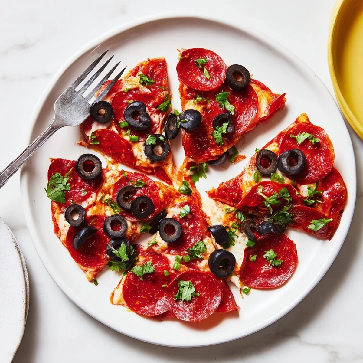 Gegrillte Salami- und Olivenhälften, ansprechend angerichtet mit glänzenden Oliven für einen schnellen Snack.