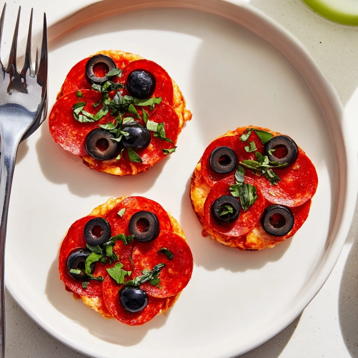 Nahaufnahme von herzhaften Salami- und Olivenhälften, bereit zum Servieren, ein einfacher, geschmackvoller Appetithappen.