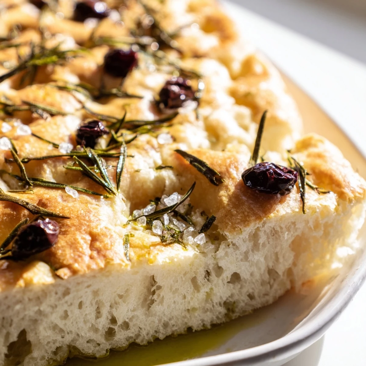 Golden, sliced Holiday Bread focaccia topped with rosemary and sea salt, ready to serve warm.