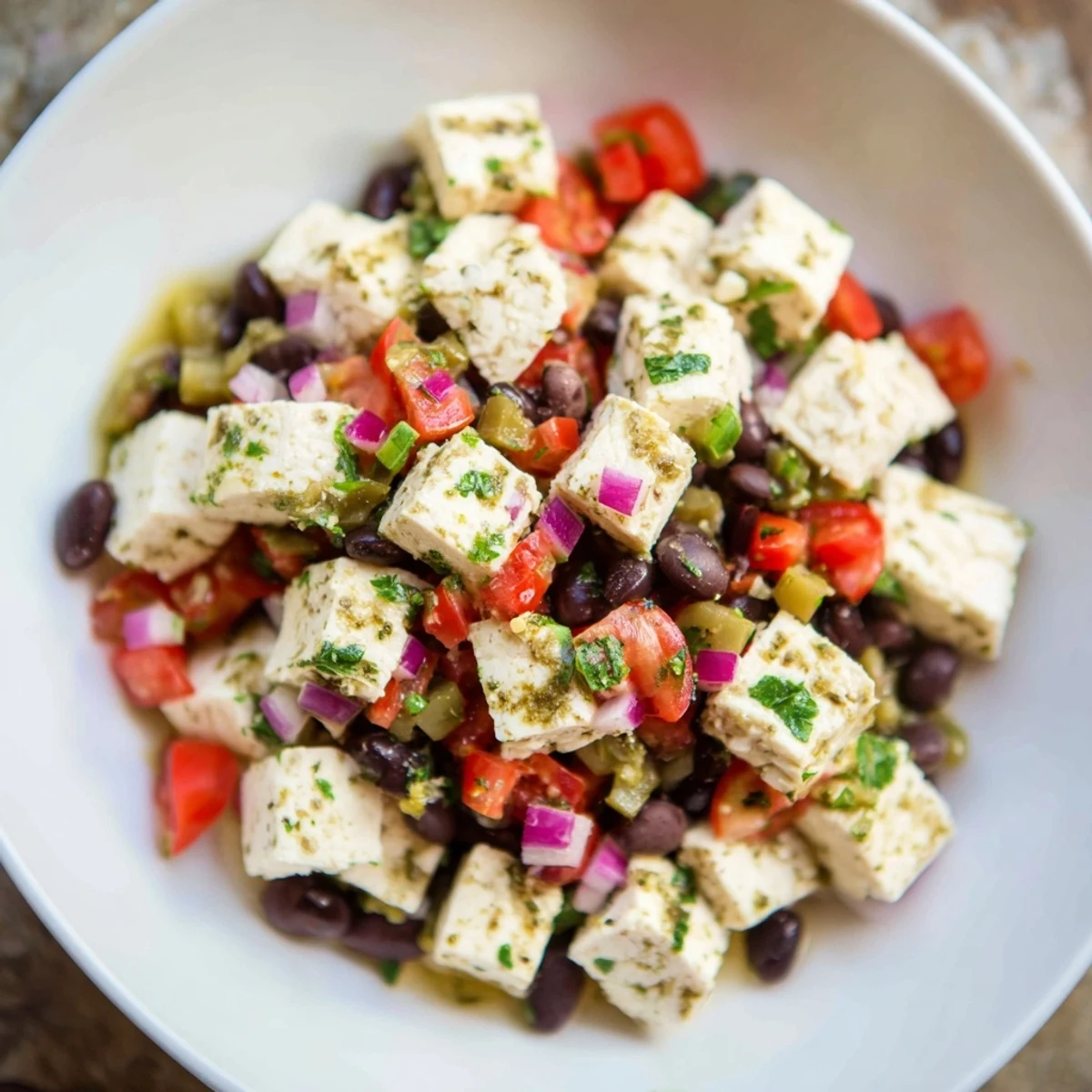 Close-up of Pepper Jack cubes served with zesty black bean salsa, perfect as an appetizer.