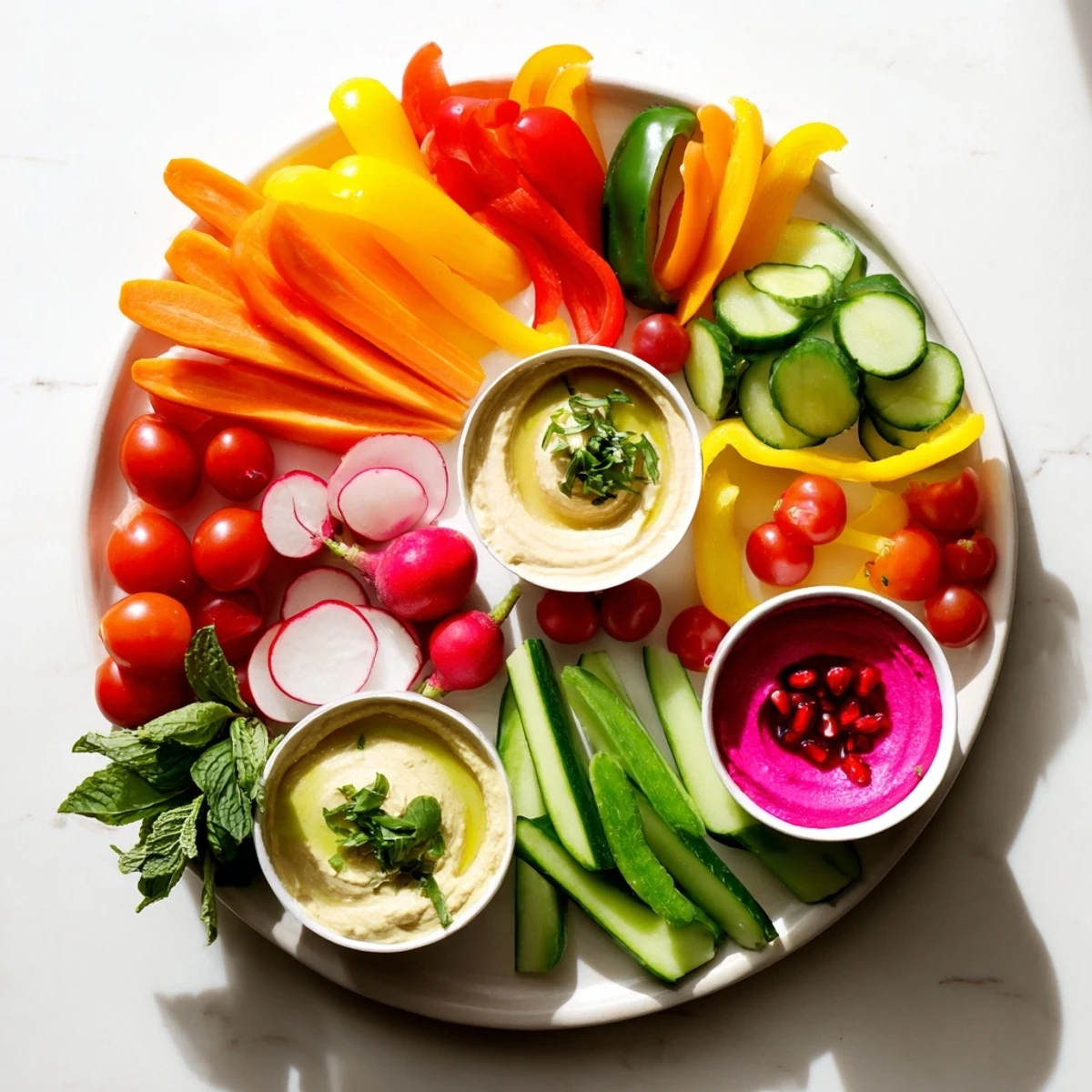 Vegan Global Gardener Platter with colorful vegetables, fruits, and dips, ready to enjoy.