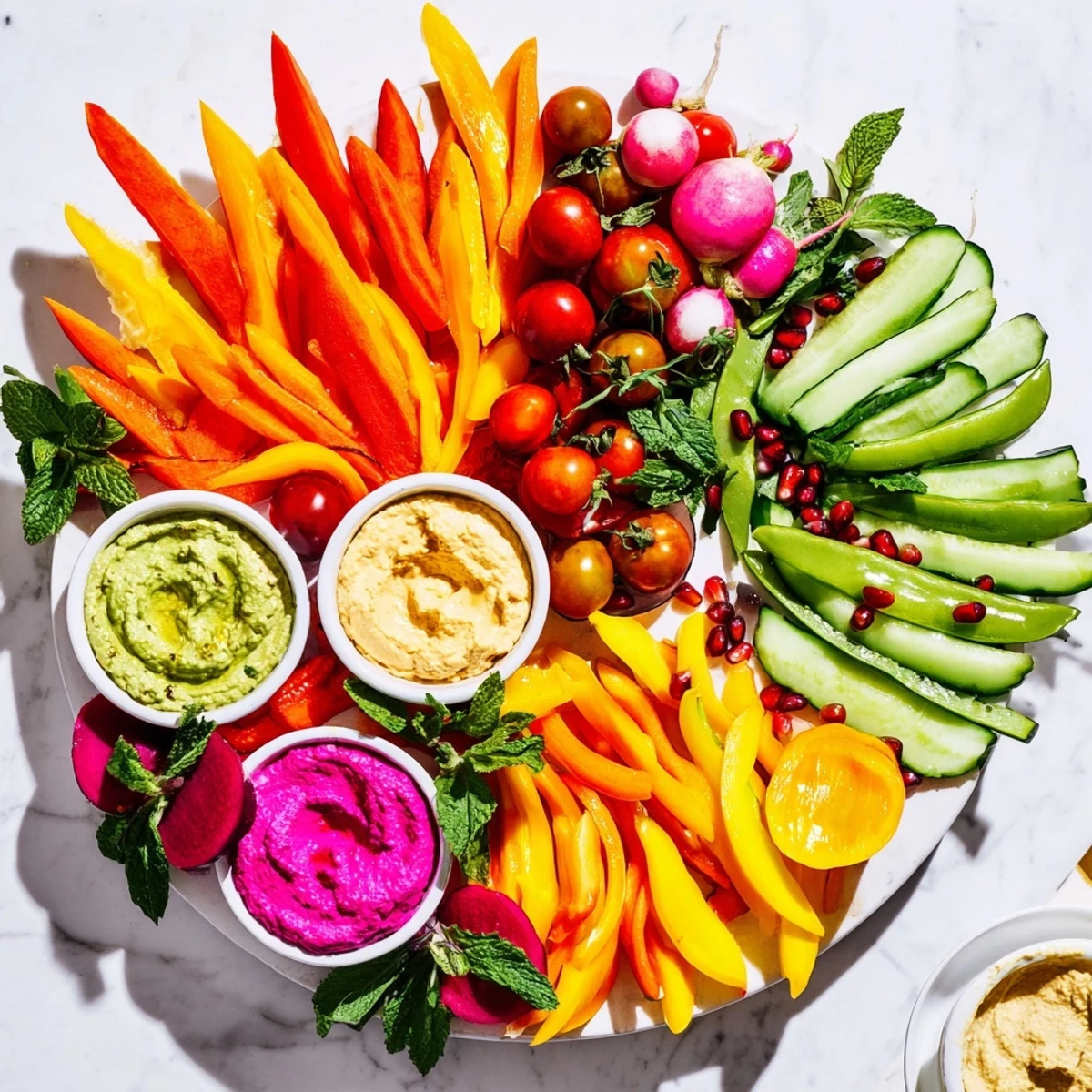 A delicious Vegan Global Gardener Platter is arranged with vibrant plant-based dips and fresh produce.