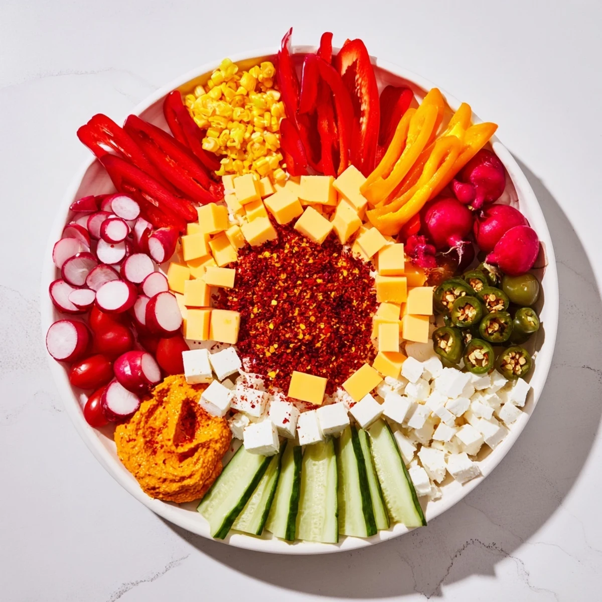 Vibrant spicy core of The Spicy Hot Take Platter, surrounded by colorful cheeses, veggies, and crackers ready to enjoy.