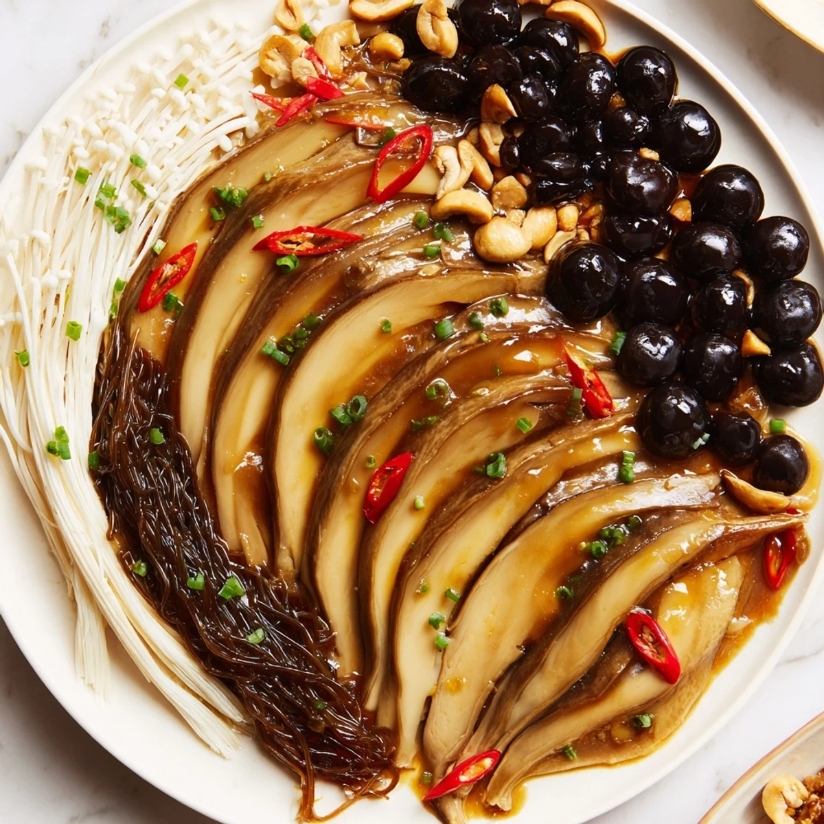 Ein appetitlicher Teller mit Umami-Bomben, asiatische Köstlichkeiten mit knackigem Gemüse und Pilzen.