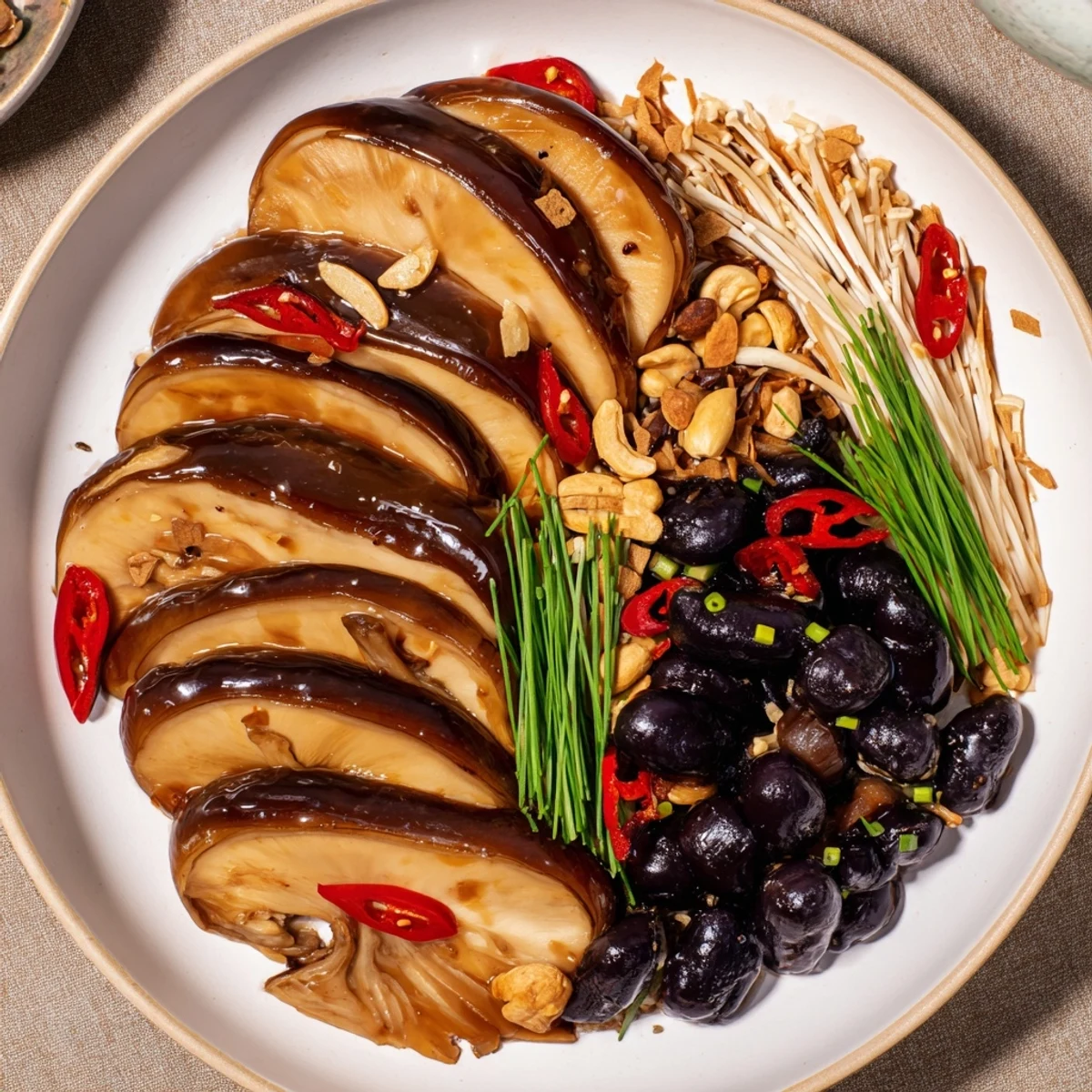 Köstliche und farbenfrohe Umami Bomb Asian Delight-Appetizers mit Pilzen, Algen und erfrischendem Gemüse.