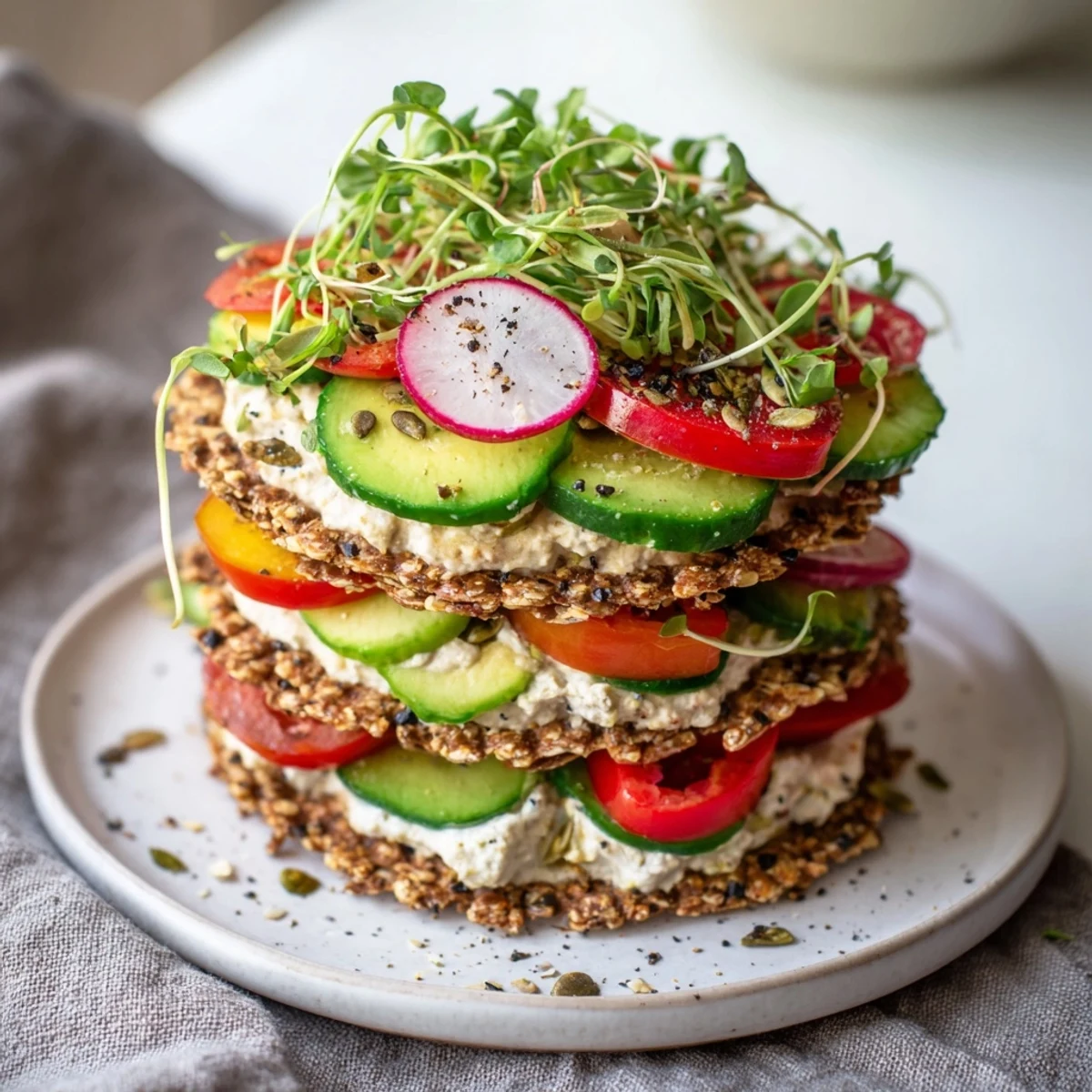 This gluten-free Gourmet Tower appetizer has fresh cucumber and tomato piled high for guests.