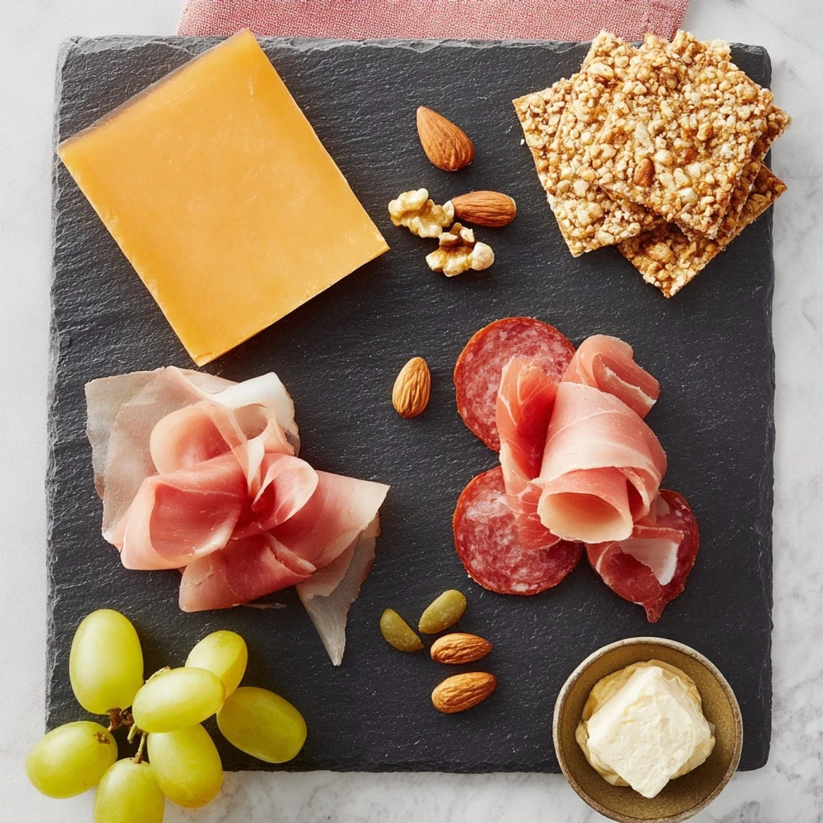 A single charcuterie board for one with curated meats, cheeses, and grapes; an elegant appetizer.