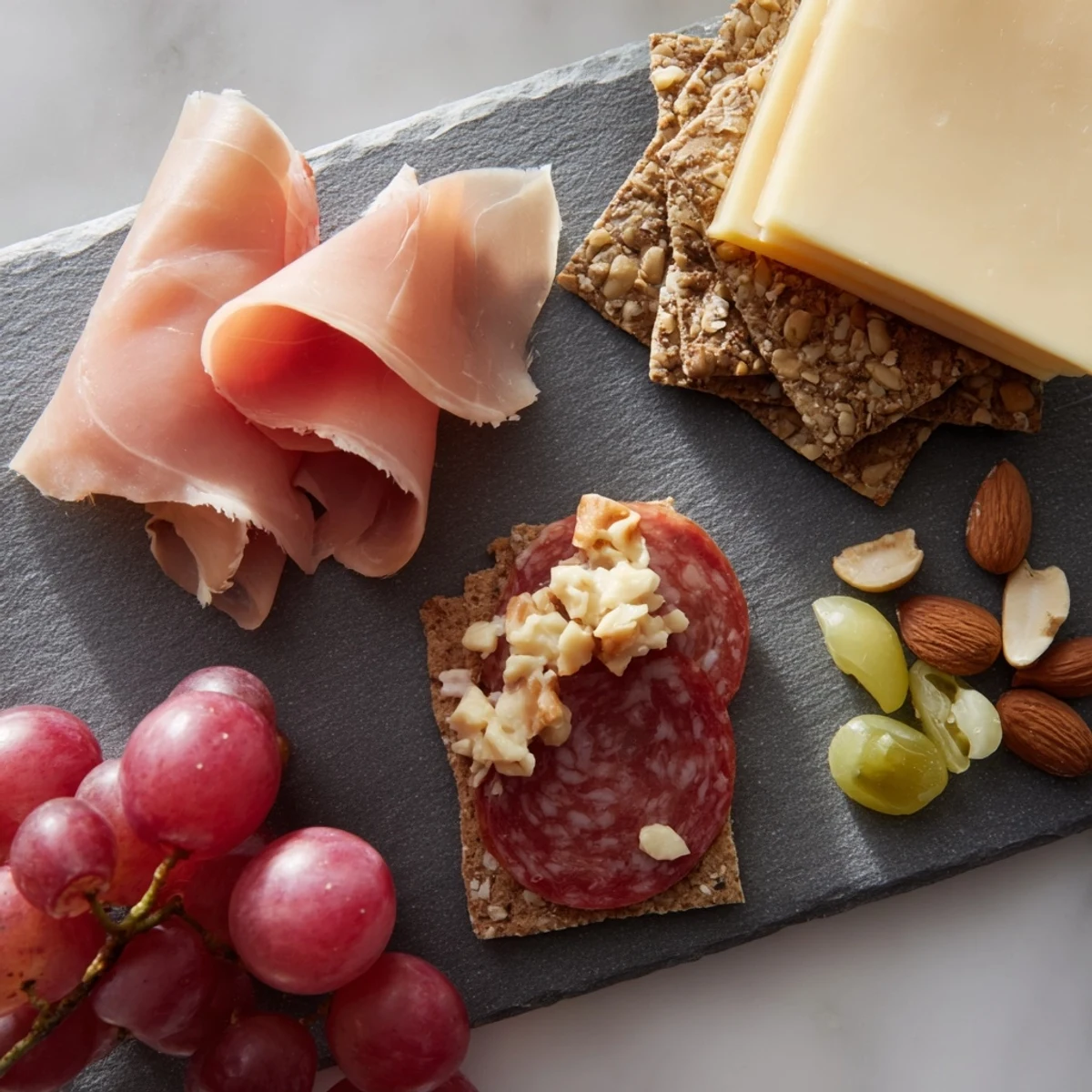 This charcuterie board for one offers a visually appealing, appetizing arrangement for a mini meal.