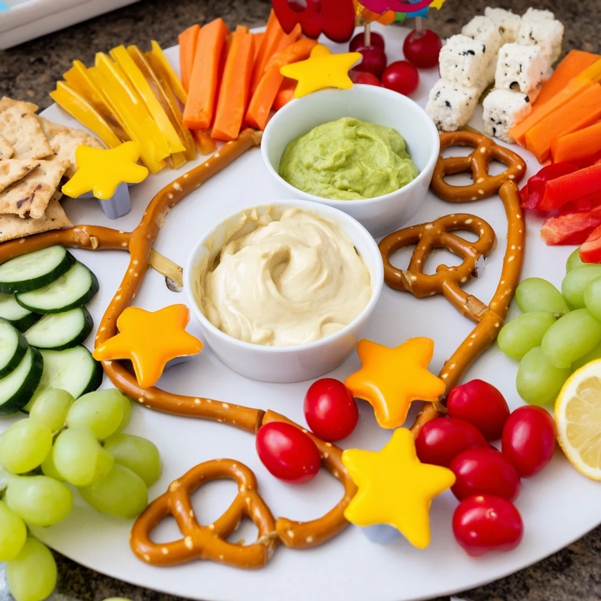 A colorful Kids Snack Adventure Map platter with pretzel paths leading to dips.