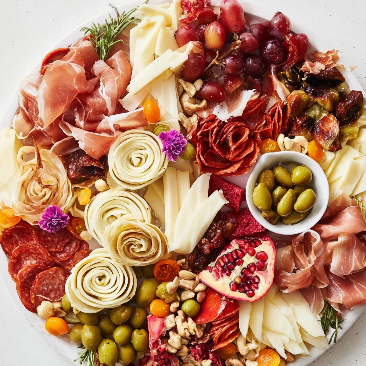 A visually stunning Artisan Array charcuterie board with folded meats and sculpted cheese roses, ready to serve.