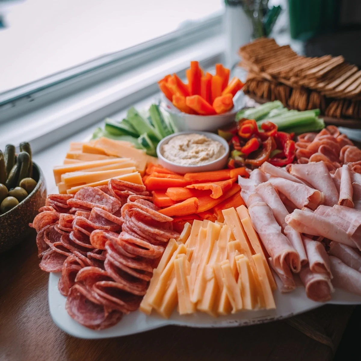 Budget-Friendly Family Spread on a large platter with meats, cheese, and fresh veggies.