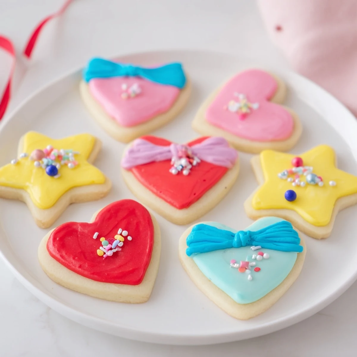 Colorful Pretty Bows Heart & Star Cookies, freshly baked, iced, and sprinkled for a festive dessert.