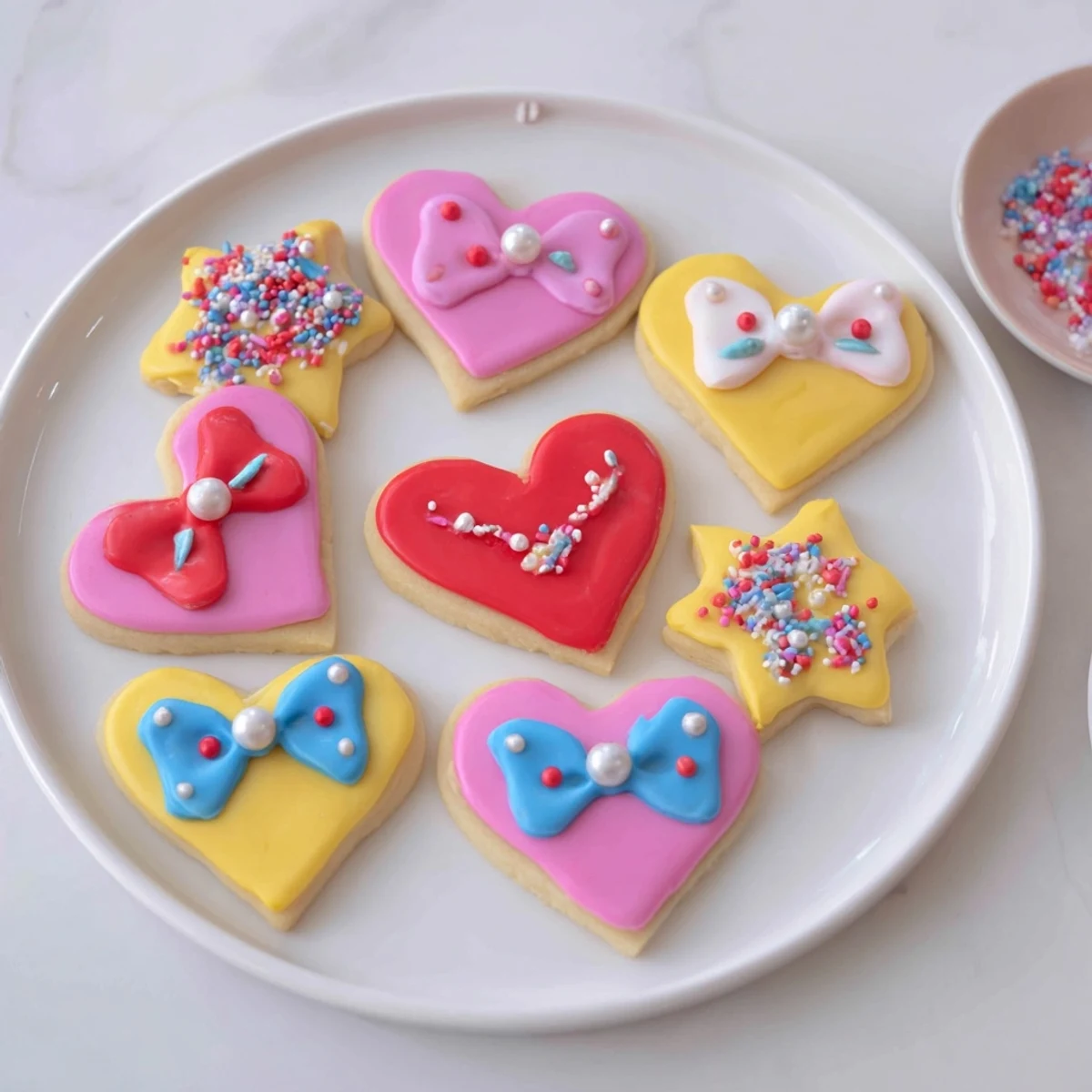 Delightful close-up of beautifully decorated Pretty Bows Heart & Star Cookies, ready to eat and share.
