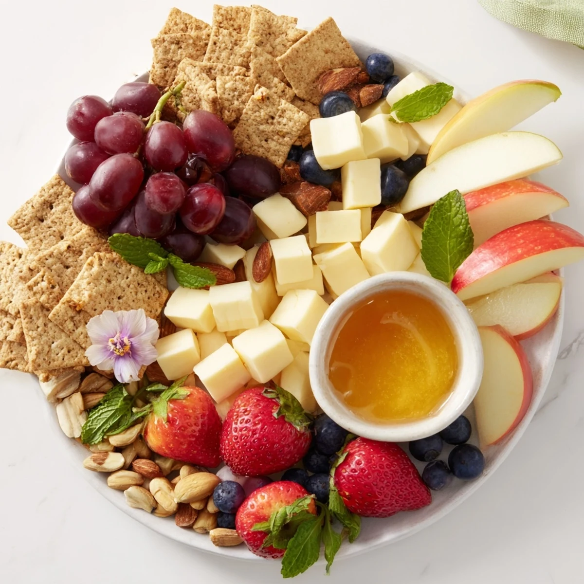 Bears Honey Pot Board with assorted fruits, cheeses, and honey, ready to enjoy as a snack!