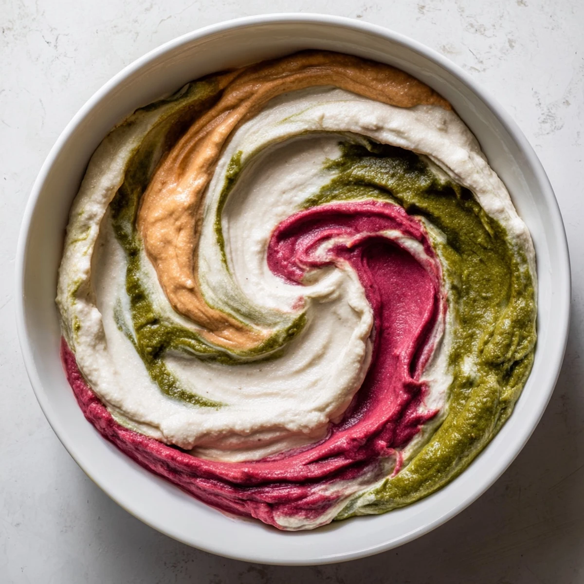 The Marble Swirl appetizer boasts vividly swirled hummus dips, surrounded by colorful crackers for dipping.