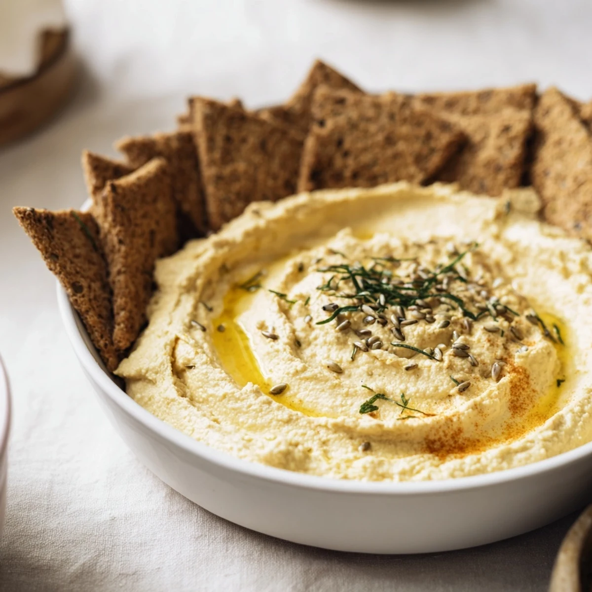 A visually stunning Sandstone Canyon appetizer: creamy hummus layered with crisp crackers, ready to enjoy.
