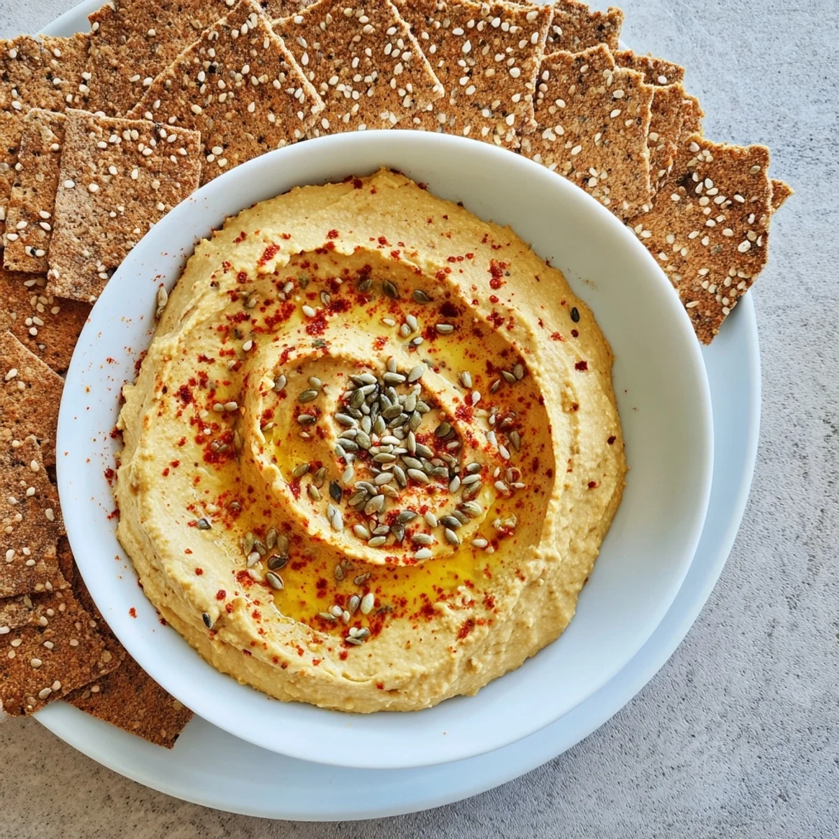 Delectable Sandstone Canyon served with lemon wedges, featuring hummus and crackers arranged artfully.
