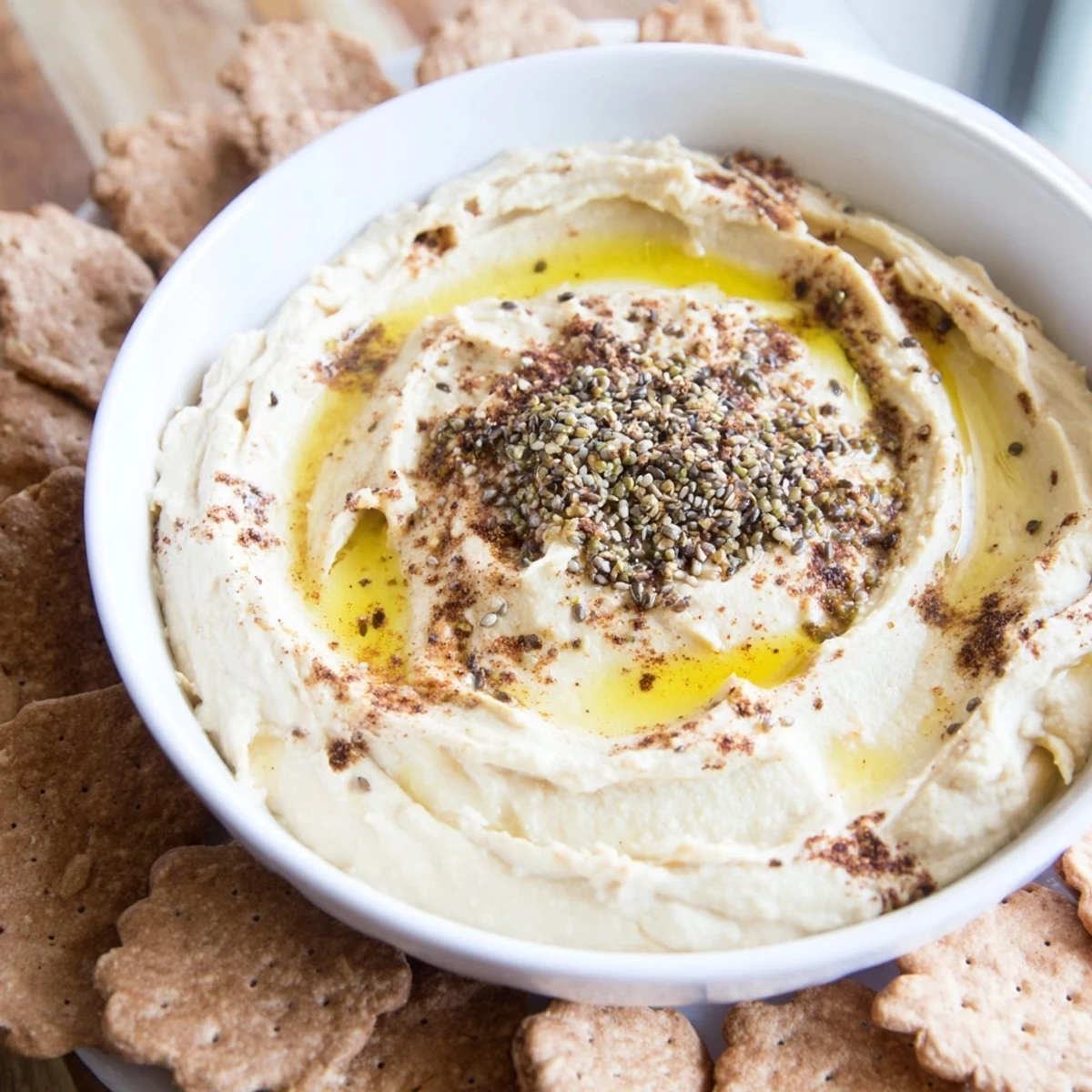 The Sandstone Canyon appetizer: savory hummus and crackers create a visually appealing, Mediterranean-inspired dish.