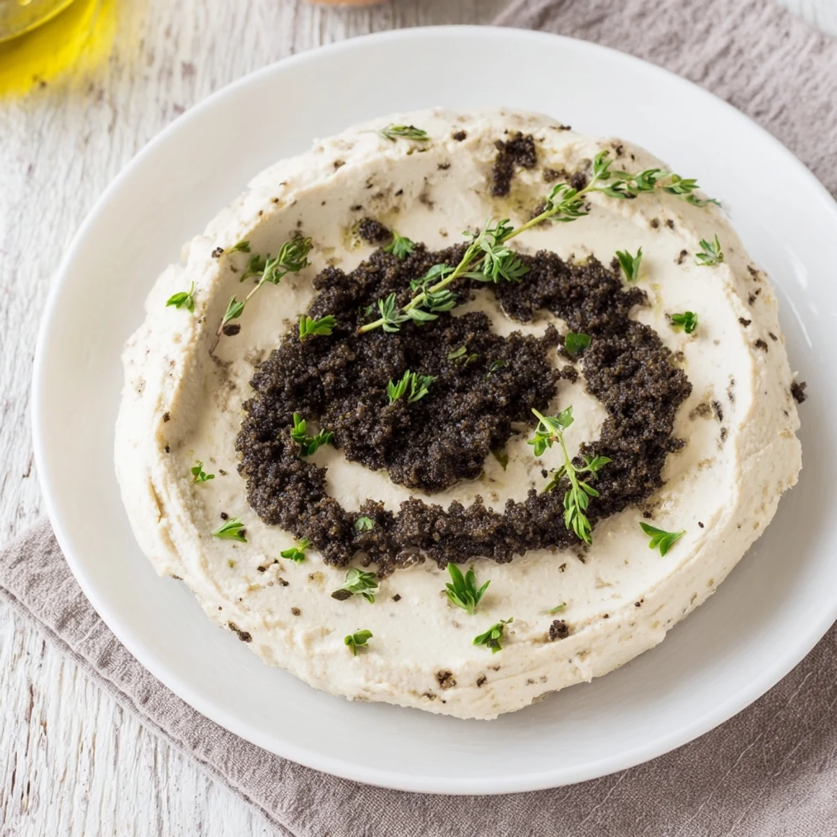 Elegant Victorian Cameo appetizer: creamy goat cheese ovals topped with striking black olive tapenade.