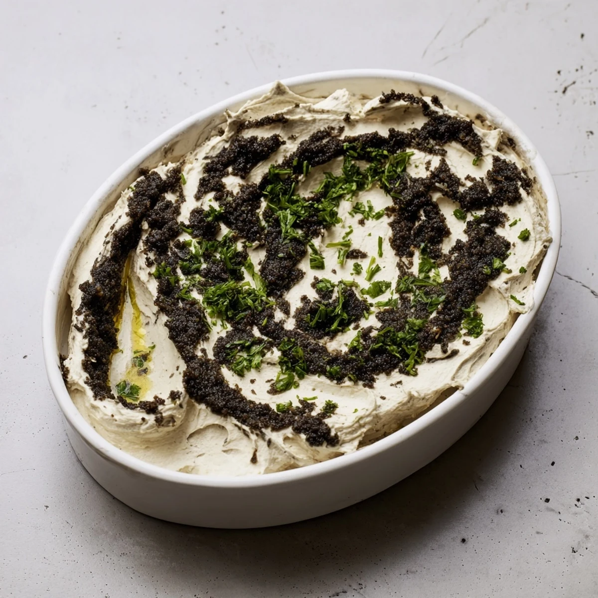 The Victorian Cameo, a beautiful appetizer, showcases creamy cheese and dark tapenade artfully.