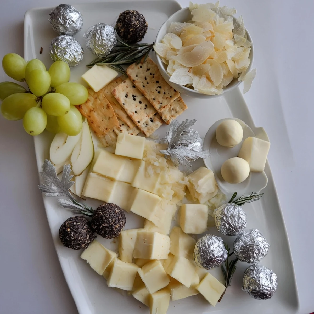 A visually appealing Silver Screen cheese board, featuring creamy cheeses and shimmering chocolates, ready to serve.