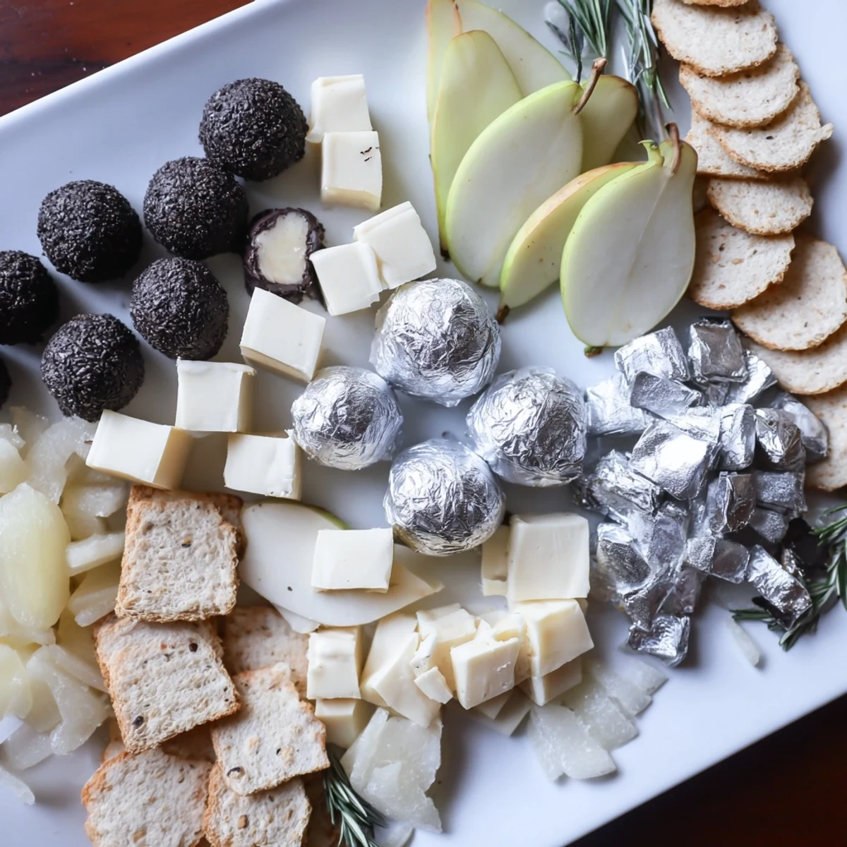 Elegant Silver Screen cheese and chocolate board arrangement, perfect for a sophisticated movie night appetizer with friends.