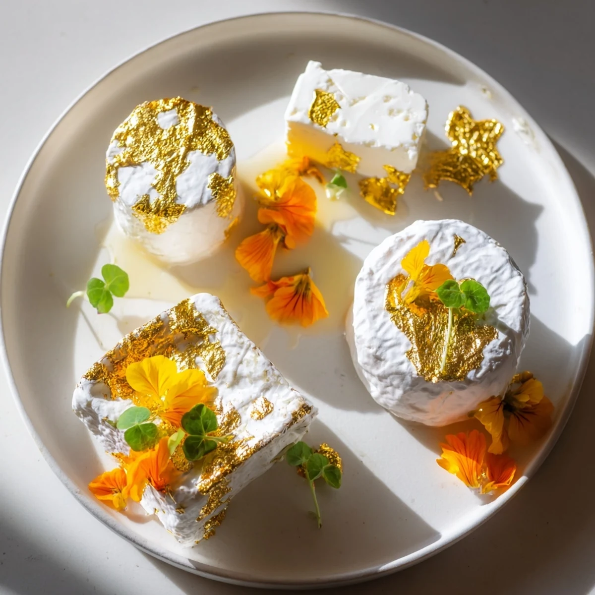 A golden cheese photo of the Gilded Lily platter featuring brie, goat cheese, and gold leaf.