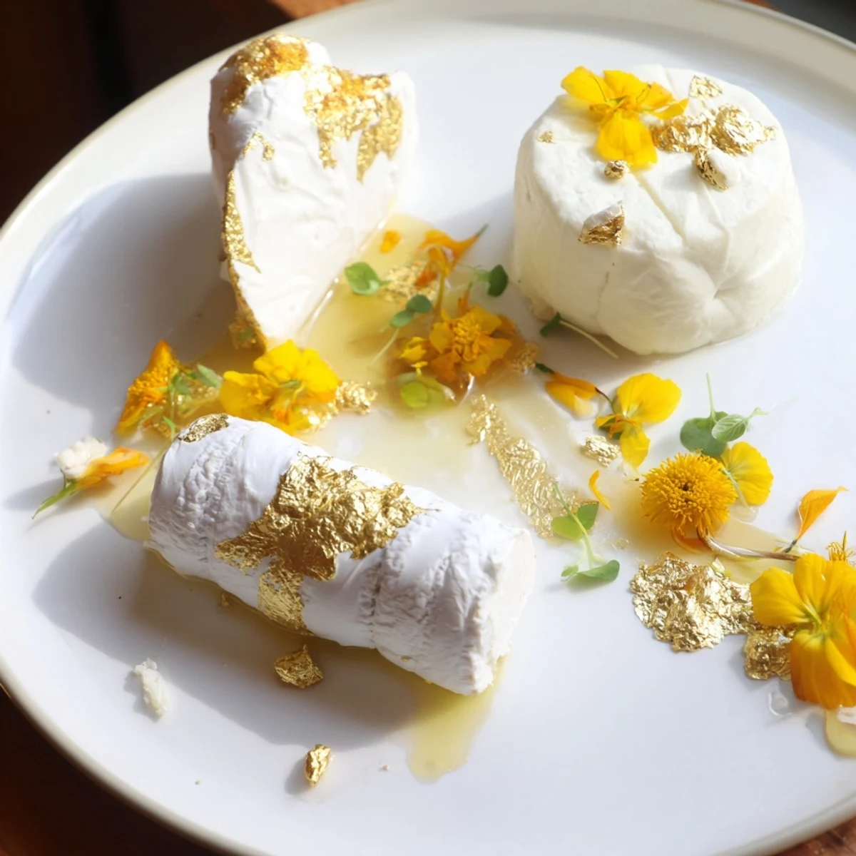 Imagine the Gilded Lily: a beautiful cheese arrangement with creamy cheeses, honey, and crackers.