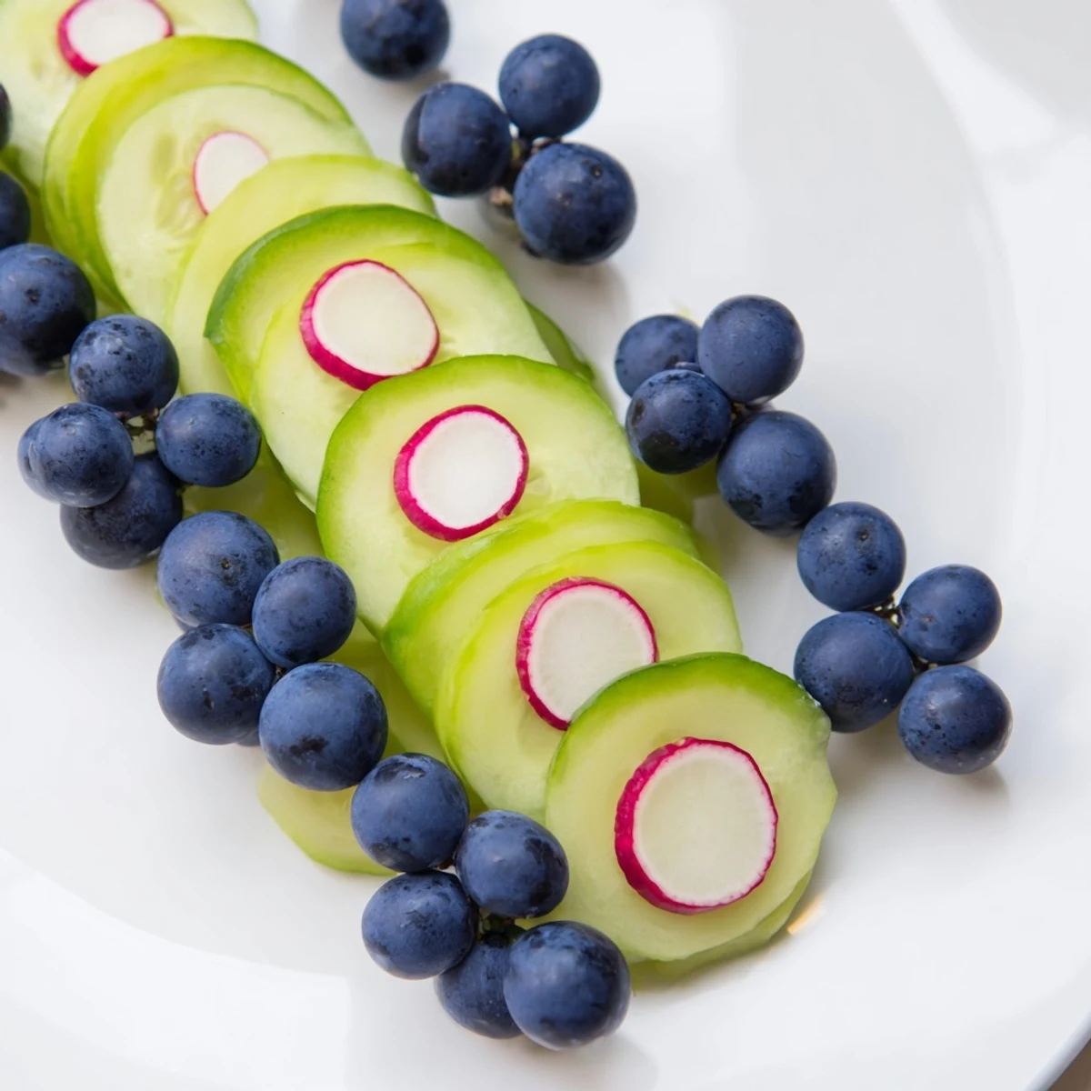 Fresh, colorful Peacock Tail platter: crisp cucumber slices and grape eye spots offer a delightful taste.