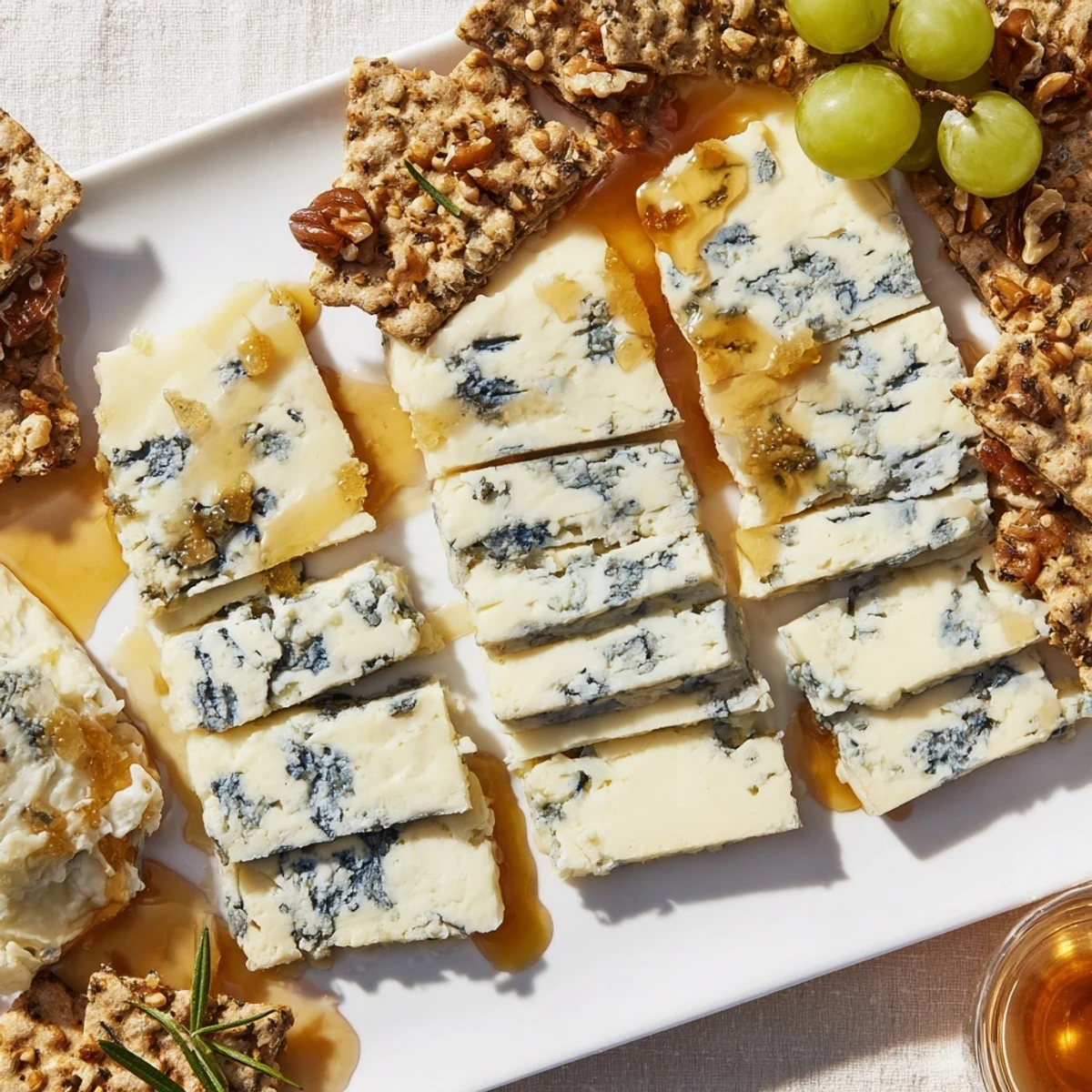 Artful mountain range design: a Blue Ridge Mountains cheese platter with grapes, walnuts, and blue cheeses.