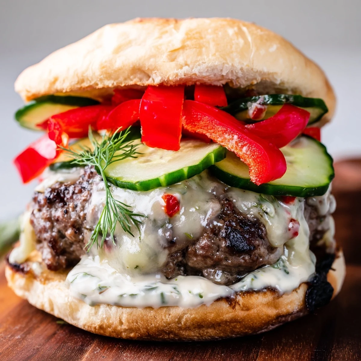A juicy Fire & Ice Burger, topped with melted pepper-jack and refreshing cucumber slices, ready to eat.