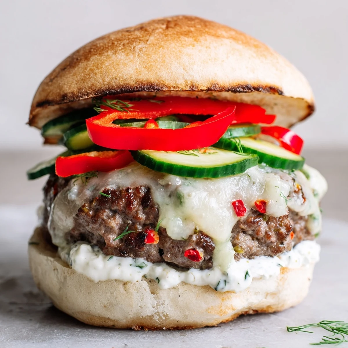 Perfectly assembled Fire & Ice Burger features spicy flavors and cool textures, ideal for a satisfying meal.