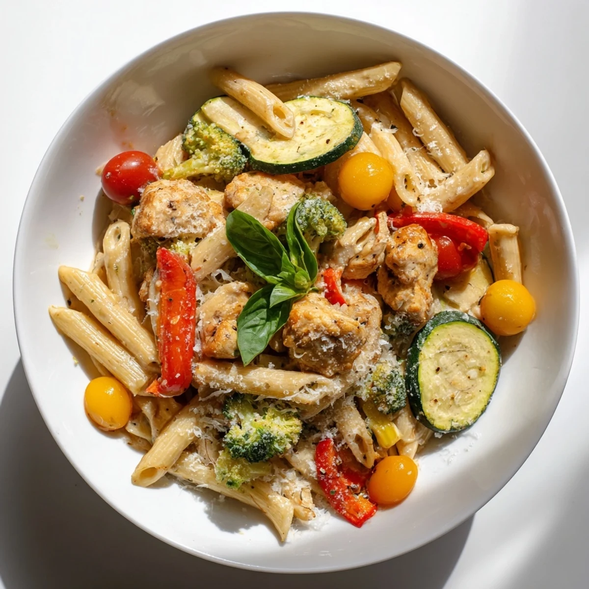 Steaming hot 5-4-3-2-1 Pasta Primavera, a colorful chicken and veggie pasta dish, ready to eat.