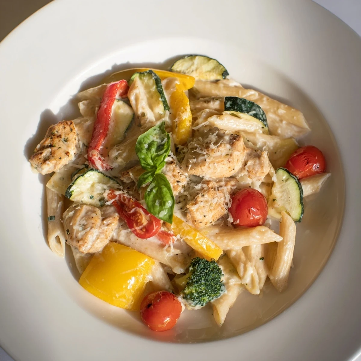 A delicious bowl of 5-4-3-2-1 Pasta Primavera with fresh basil and Parmesan, close-up view.